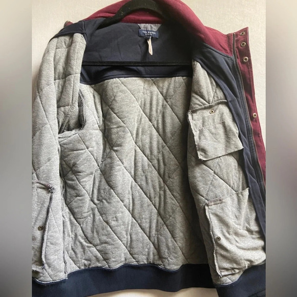 Ted Baker Quilted Jersey Cotton Navy Elbow Patches Bomber Jacket Sz 4(Sz M) - Picture 7 of 13